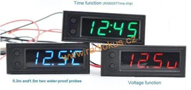 Digitální teploměr 2 čidla, hodiny, voltmetr panelový 3v1, 12V, modrý