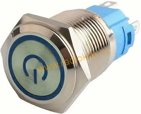 Přepínač tlačítkový ON - ON s aretací , 22mm, 250V/2A, mordé prosvětlení 12-24V