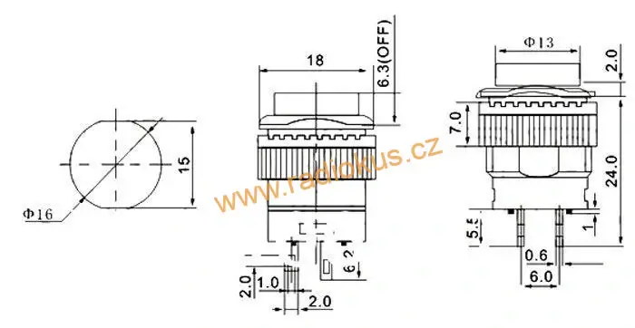 Spínač tlačítkový OFF - ( ON ) bez aretace , 3A/250V , LED 2V, červený, 