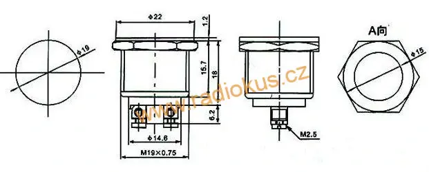 Spínač tlačítkový OFF - ( ON ) bez aretace, kovový , 2A/250V , Antivandal provedení , rovný hmatník