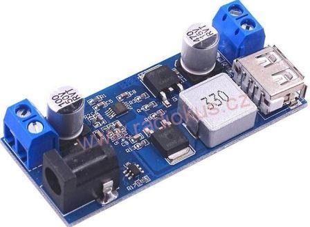 M 398A - Napájecí modul, step-down měnič , vst.12-24V výst. 5V/5A, USB+svorkovnice
