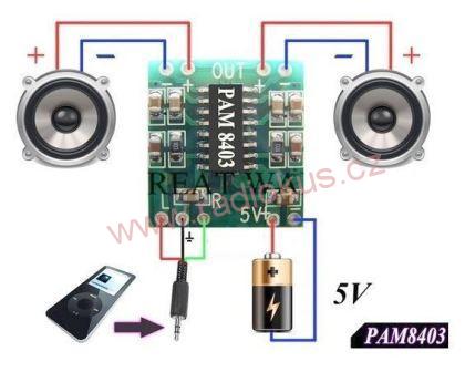 M 422 - Zesilovač ve třídě D 2x3W, modul PAM8403
