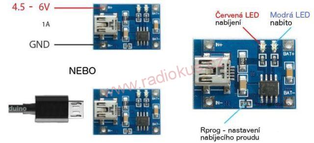 M 401 - Nabíječka Li-Ion článku 1A, modul s IO TP4056 , Micro USB