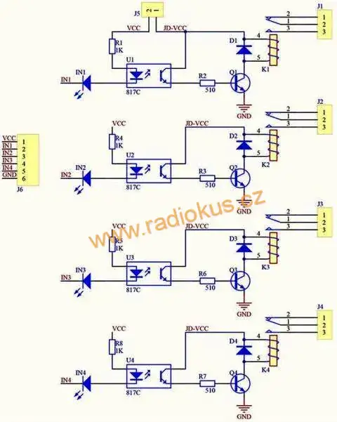 M 457D - Modul relé 4x, napájení 5V, s optočlenem