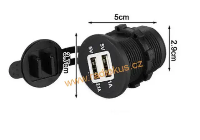 Napájecí USB zdroj vestavný 2xUSB , 2x2,1A , matice , 12-24V DC , LED kontrolka