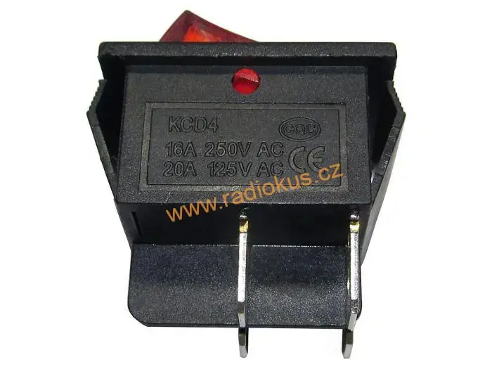 Kolébkový spínač ON - OFF 16A / 250V , červený , aretovaný , 31 x 25,3 mm