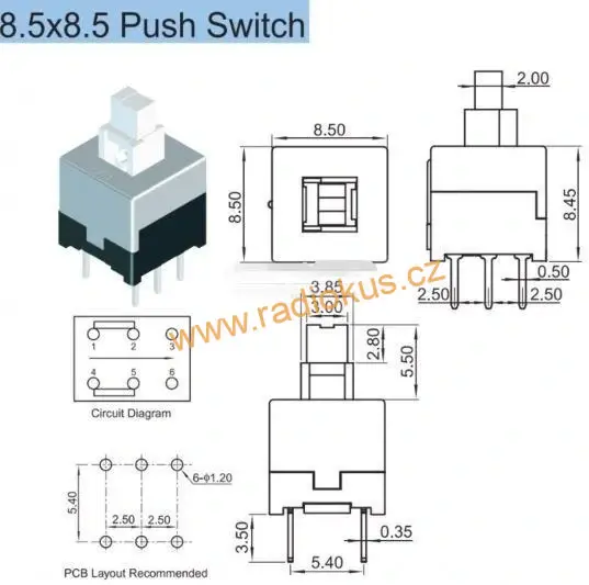 Spínač tlačítkový ON - ON , 0,5A/12V , do DPS s aretací , 8,5x8,5x8,5mm