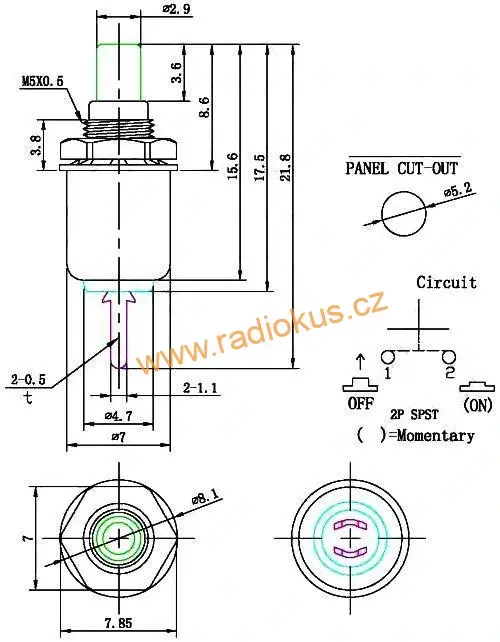 Spínač tlačítkový OFF - ( ON ) bez aretace , zelený , 0,5A/250V , kov