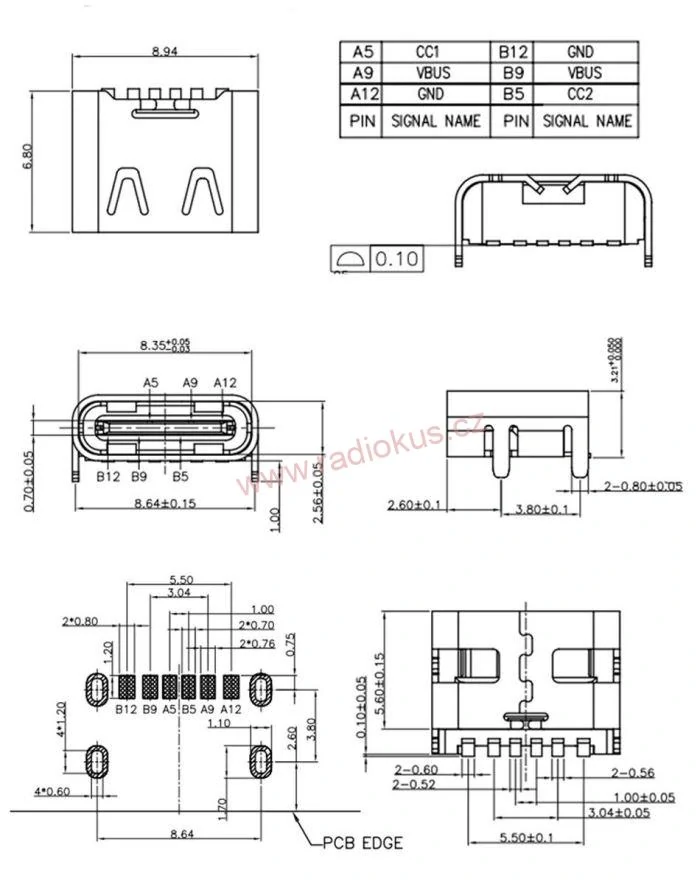 Zdířka USB 3.1 typ C 6-ti pinová do plošných spojů
