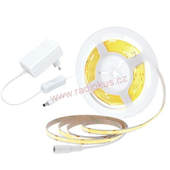 LED COB pásek, sada s adaptérem, vypínač, 5m, 8W/m, 800lm/m, teplá bílá