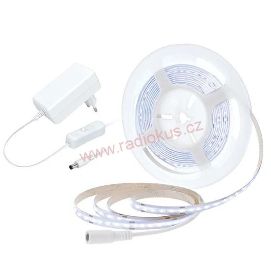 LED COB pásek, sada s adaptérem, vypínač, 5m, 8W/m, 800lm/m, studená bílá