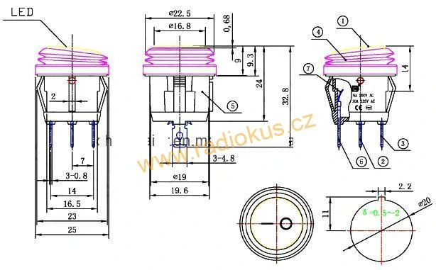 Kolébkový spínač 6A / 250V , červený , 24 mm , s gumovou krytkou , aretovaný