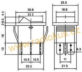 Kolébkový přepínač ON - ON 15A / 250V , červený , aretovaný , 31 x 25,3 mm