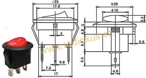 Kolébkový přepínač 20A / 12V , červený , bez prosvětlení , 24 mm , aretovaný