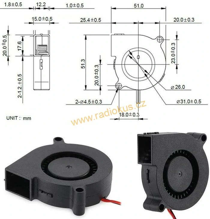 Ventilátor radiální 50x50x15mm , 12V / 0,16A , 4600 ot./min