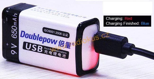 Nabíjecí baterie Li-ion 9V 650mAh 6F22, Doblepow, napájení USB-C