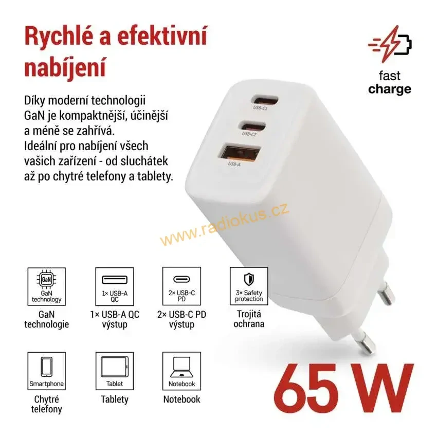 Univerzální napájecí adaptér USB A+2xC 65W PD , fast charger GaN