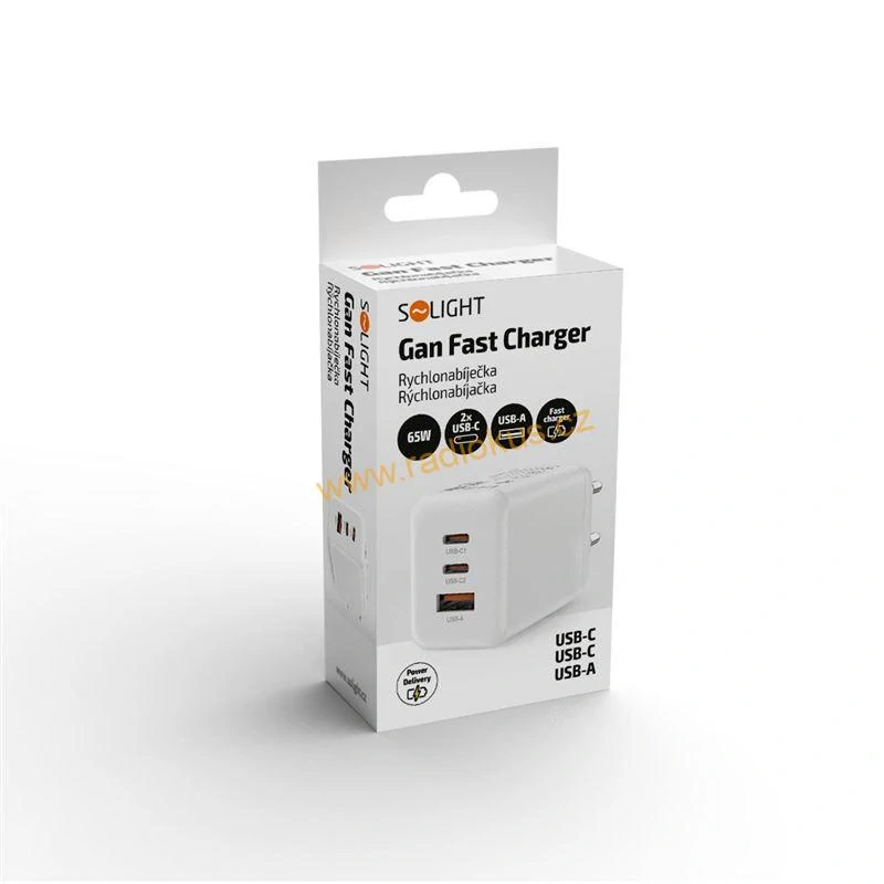 Univerzální napájecí adaptér fast charge USB-A + 2x USB-C , 65W GaN