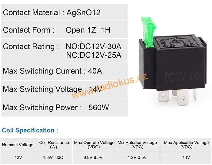 Autorelé 12V DC , 1 x spínací kontakt , 40A / 12V , s pojistkou 30A