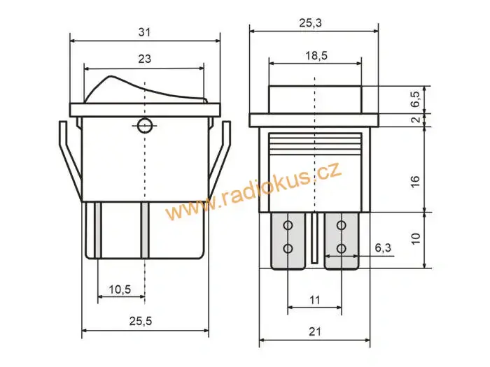 Kolébkový spínač ON - OFF 16A / 250V , červený , aretovaný , 31 x 25,3 mm