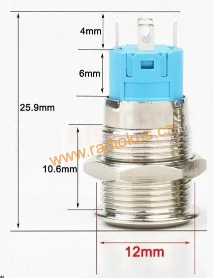 Spínač tlačítkový OFF - ON s aretací, kovový , 2A/250V , Antivandal provedení , LED 12V červená , IP44