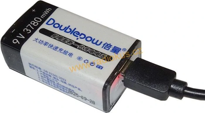 Nabíjecí baterie Li-ion 9V 420mAh 6F22, Doblepow, napájení USB-C