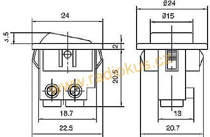 Kolébkový spínač 6A / 250V , černý , 24 mm , aretovaný , šroubky