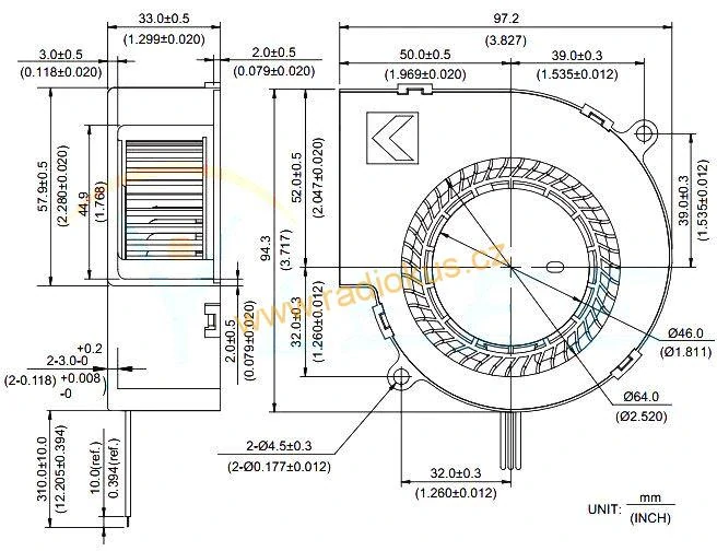Ventilátor radiální AVC BA10033B, 97x97x33mm 12V / 2,4A , kuličková ložiska
