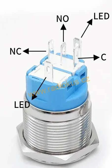 Přepínač tlačítkový ON - ON s aretací , 22mm, 250V/2A, červené prosvětlení 12-24V