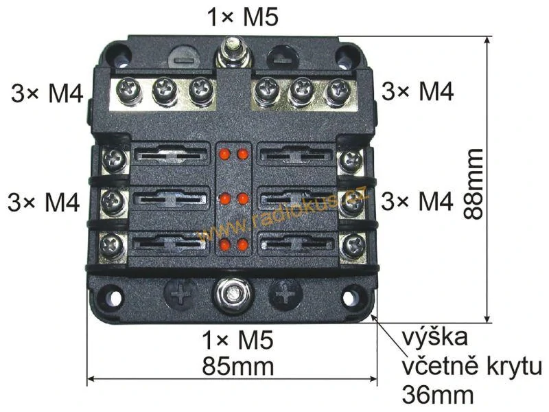 Distribuční blok - 6 pojistek, kladný i záporný pól , pojistkový držák