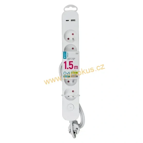 Přepěťová ochrana, 5 zásuvek, 1,5m, bílá , USB A + C