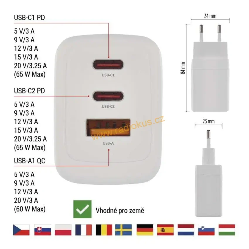 Univerzální napájecí adaptér USB A+2xC 65W PD , fast charger GaN