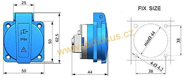 Zásuvka Z134F 230V/16A na panel IP54 s víčkem