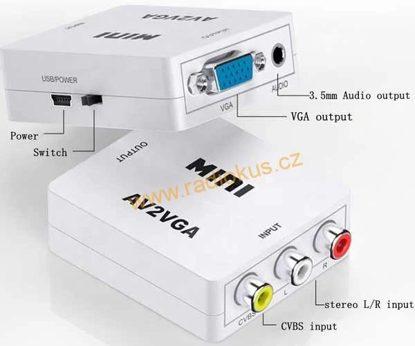 Převodník analogové kompozitního videa + audia na VGA + audio , vstup 3 x RCA , výstup VGA + Jack 3,5mm