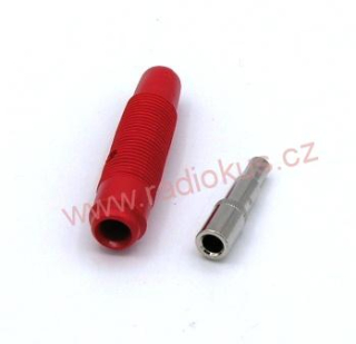 Zdířka 4mm na kabel letovací , červená , izolovaná 