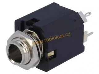 Zásuvka 6,3 mm stereo , panelová , s maticí , do DPS , vypínač , plastová ,