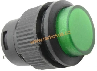 Spínač tlačítkový OFF - ( ON ) bez aretace , 3A/250V , LED 2V, zelený , 
