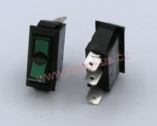 Kolébkový spínač 20A / 12V , zelený , 14 x 30 mm , aretovaný
