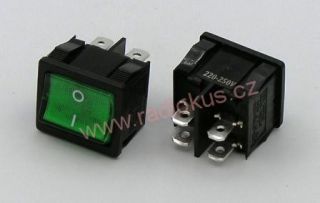 Kolébkový spínač 6A / 250V , zelený , 24 x 21 mm , aretovaný