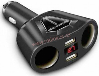 Rozbočení CL zásuvky - 1 x CL vidlice / 2 x CL zásuvka + 2 x USB + voltmetr