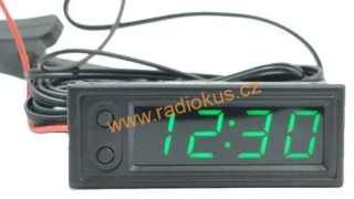 Digitální teploměr 1 čidlo, hodiny, voltmetr panelový 3v1, 12V, zelený