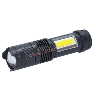 LED nabíjecí kapesní svítilna se zoomem, 100lm + 70lm, Li-Ion, USB, černá