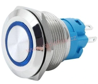 Přepínač tlačítkový ON - ( ON ) bez aretace, kovový , 5A/250V , Antivandal provedení , LED 12-24V modrá , IP67