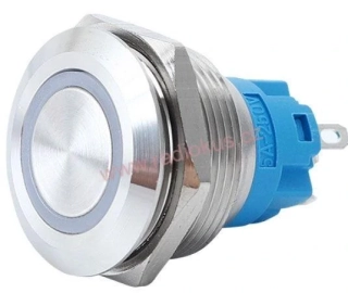 Přepínač tlačítkový ON - ( ON ) bez aretace, kovový , 5A/250V , Antivandal provedení , LED 12-24V bílá , IP67