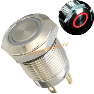 Spínač tlačítkový OFF - ON s aretací, kovový , 2A/250V , Antivandal provedení , LED 12V červená , IP44