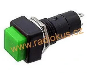 Spínač tlačítkový OFF - ( ON ) bez aretace , zelený hranatý , 1A/250V , plast