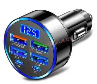 Autoadaptér USB 12V/5V s voltmetrem, 4x USB A+2x USB-C