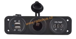 Panel se zásuvkou 12V CL , USB zdrojem USB A 2,1A + 1A , voltmetrem , červená