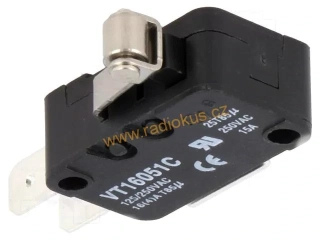 Mikrospínač s páčkou s rolnou , 28,6 x 9,6 mm , 15A/250V;