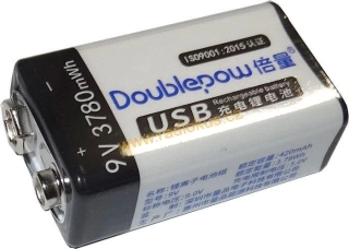 Nabíjecí baterie Li-ion 9V 420mAh 6F22, Doblepow, napájení USB-C